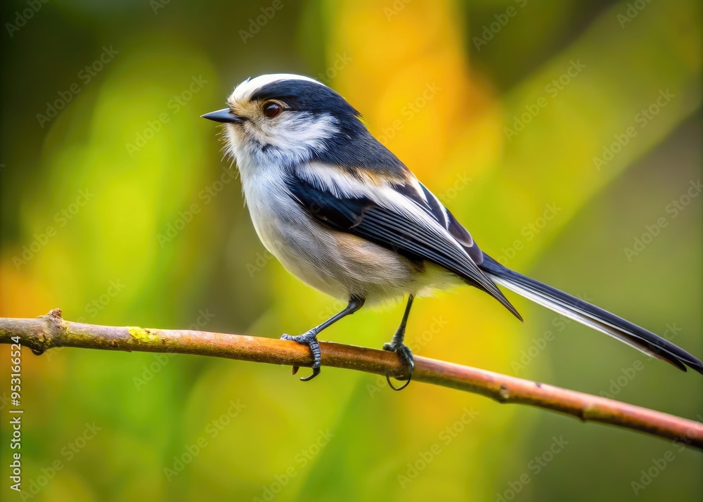 Obraz premium A Small, Long-Tailed Bird With A Distinctive Black And White Plumage, Perched On A Branch With An Open Beak.