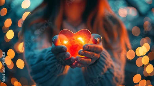 A person holding a glowing heart-shaped object amidst a backdrop of soft lights.