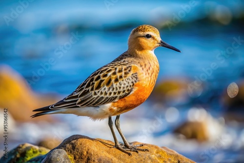 A small, plump shorebird with distinctive orange-brown plumage and black markings on its back, standing on a rocky coastline with the ocean in the background.