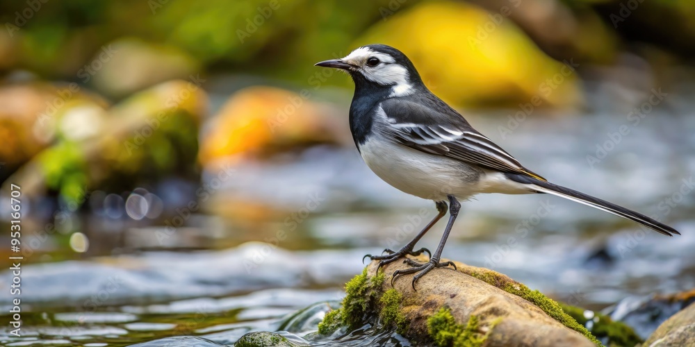 A small, slender bird with distinctive black and white plumage, perched on a rocky stream bank, its long tail bobbing with each twitching movement. A small, slender bird with distinctive black and white plumage, perched on a rocky stream bank, its long tail bobbing with each twitching movement.