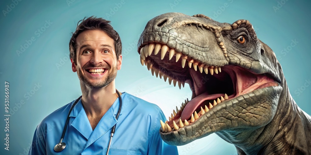 Obraz premium A smiling, scrub-clad medical professional stands confidently beside a massive, toothy predator, creating an unforgettable and humorous contrast between caregiver and fearsome creature.
