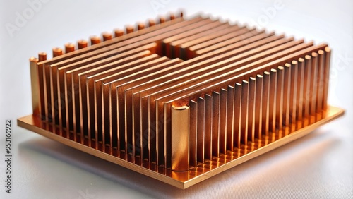 Extreme close-up of a copper heat sink with micro-finned surfaces, perfectly lit to highlight its thermal management capabilities, on a clean and minimalist white background.
