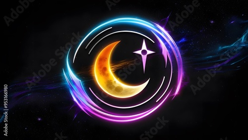 Neon lights and logo design about the crescent moon. photo