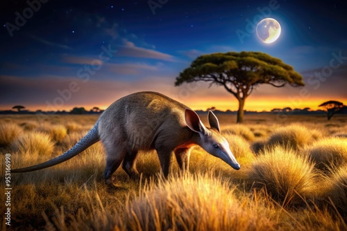 A solitary aardvark with long snout and powerful claws sniffs the ground in a moonlit savannah landscape, surrounded by tall grasses and acacia trees. photo