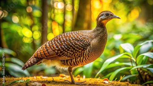 A solitary, brown-and-gray tinamou bird with intricate feather patterns pecks at the forest floor, surrounded by lush greenery and dappled sunlight in the Amazon rainforest. photo