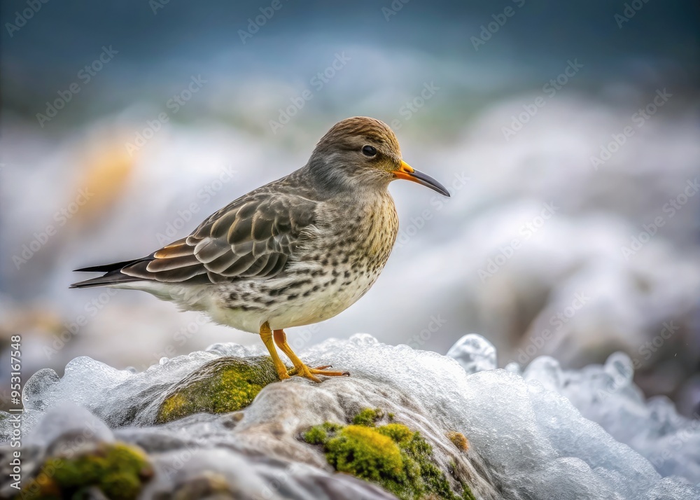 A solitary purple sandpiper perches on a windswept rocky coastline, feathers ruffled, amidst crashing waves and salt-sprayed boulders under a moody, overcast sky. A solitary purple sandpiper perches on a windswept rocky coastline, feathers ruffled, amidst crashing waves and salt-sprayed boulders under a moody, overcast sky.