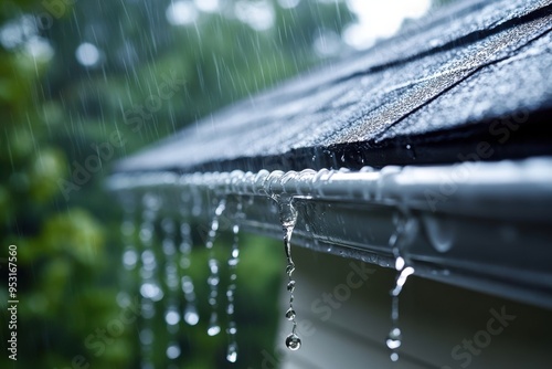 Raindrops falling from roof gutter, concept of nature and rainy weather
 photo