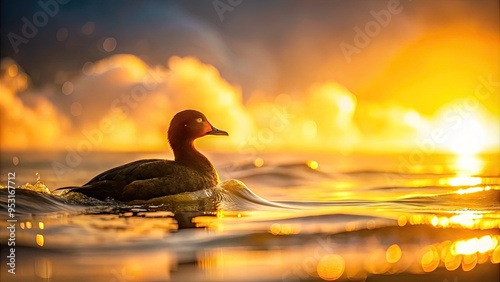 A solitary Surf Scoter duck swims in the misty morning ocean, its iridescent feathers glistening in the soft, golden light of the rising sun. photo