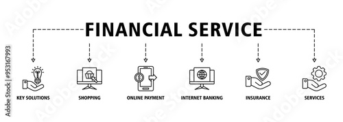Financial service banner web icon set vector illustration concept with icon of key solutions, shopping, online payments, internet banking, insurance and services icons perfect symbol background