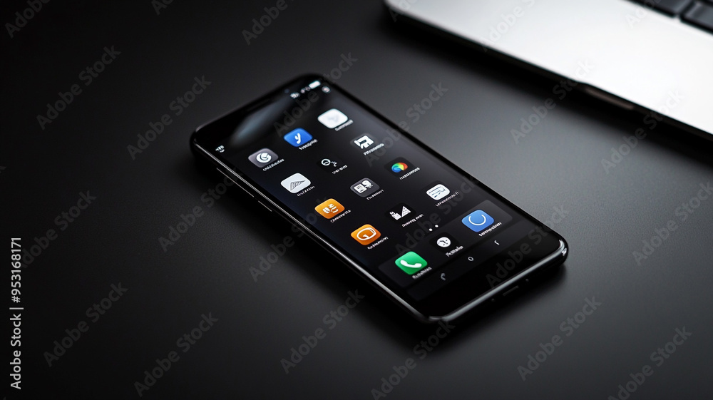 Obraz premium A sleek smartphone displaying various applications on a dark table next to a laptop, showcasing modern technology in a minimalist setting