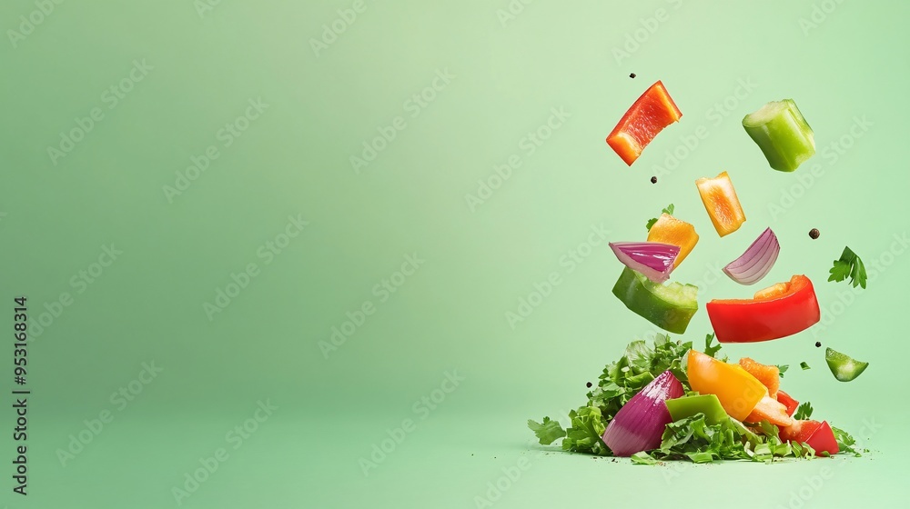 Fototapeta premium Colorful vegetables flying over fresh salad on a green background.