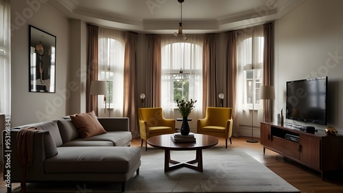 living room with big window and brown wall interior