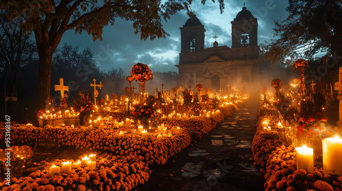 Night scene of a cemetery with cempasuchil petals and candles lighting the Day of the Dead altar in honor of the deceased, a path leads to a church in the background, day of the dead, mexico