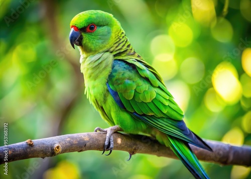 A Vibrant Green Parakeet With A Distinctive Black Ring Around Its Neck Perches On A Tree Branch, Its Feathers Ruffled In The Wind.