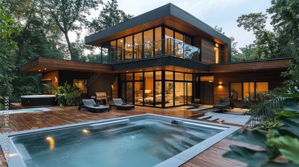 Modern round hot tub overlooking a green forest Modern round hot tub overlooking a green forest