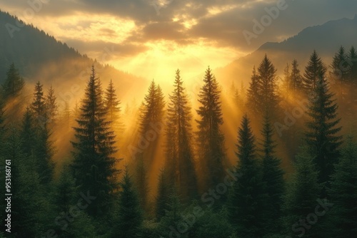 Golden sunrise illuminating foggy mountain forest landscape