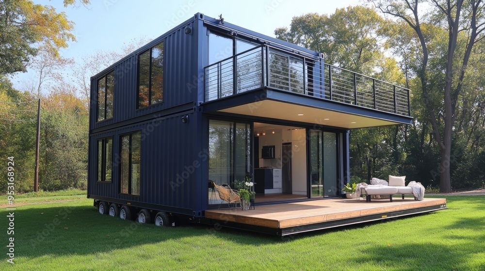Modern tiny house made with recycled shipping containers at sunset with green lawn Modern tiny house made with recycled shipping containers at sunset with green lawn