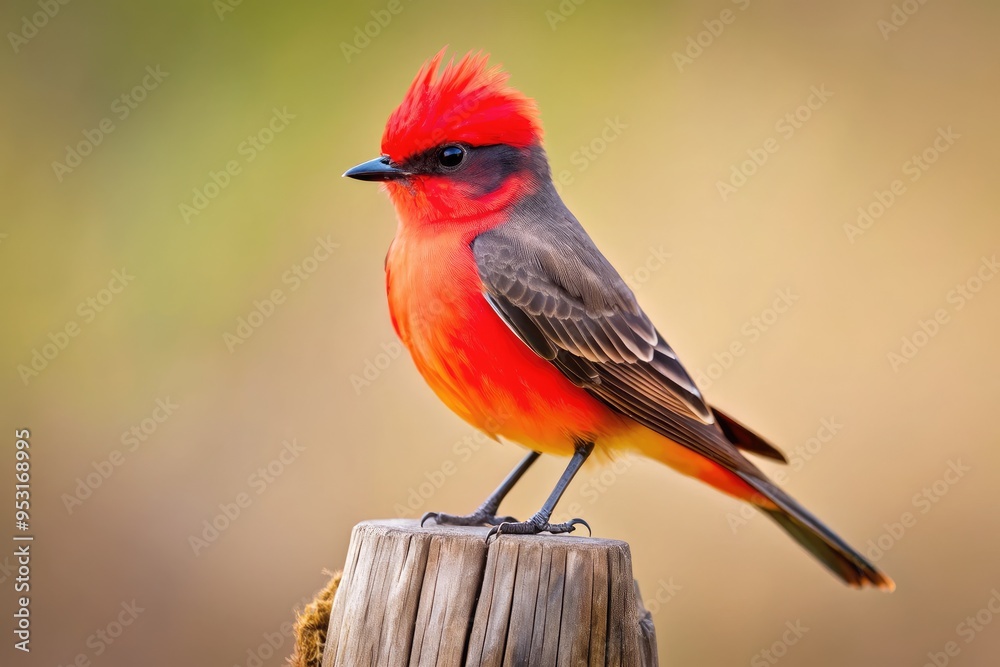 A vibrant vermilion flycatcher perches on a weathered wooden fence post, its bright plumage and striking crest set against a soft, serene desert landscape.