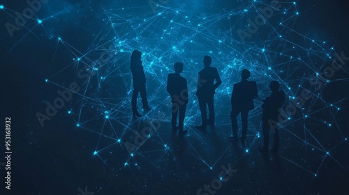 Silhouettes of business professionals against a glowing network background, symbolizing connectivity and innovation.