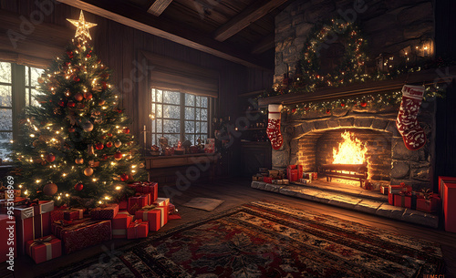 A cozy Christmas living room with a decorated tree, fireplace, and lots of presents under the tree. The scene is lit by warm lights, creating an inviting atmosphere. 