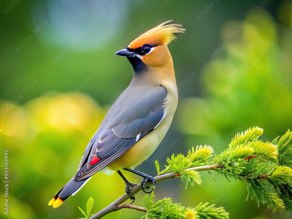 Close-Up Of A Cedar Waxwing Perched On A Branch, Showcasing Its Distinctive Plumage And Crested Head Against A Blurred Background Of Greenery. Close-Up Of A Cedar Waxwing Perched On A Branch, Showcasing Its Distinctive Plumage And Crested Head Against A Blurred Background Of Greenery.