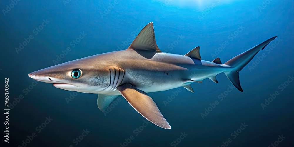 Fototapeta premium Close-up of a Spiny Dogfish, a small, brownish-gray shark with a distinctive spiny dorsal fin and pointed snout, swimming in a dark blue ocean.