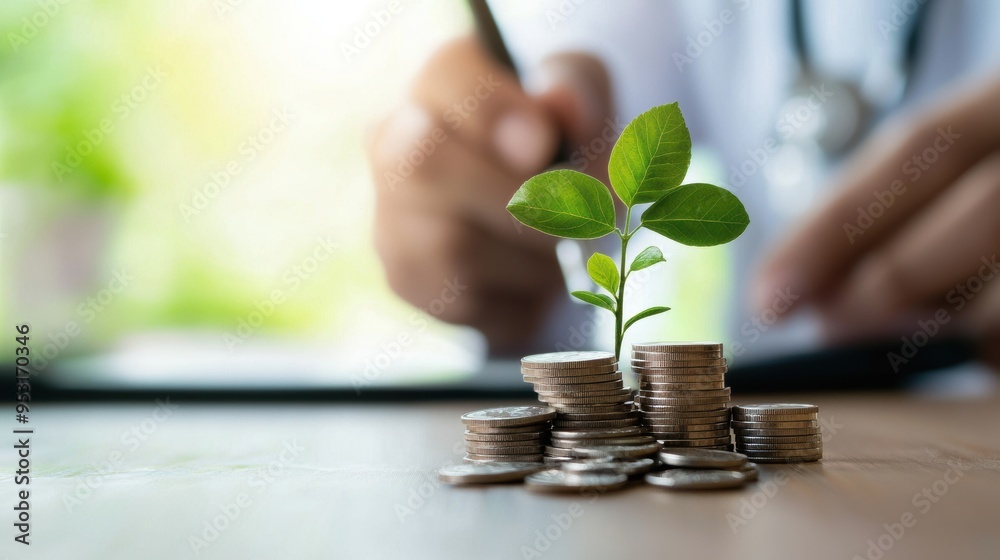 A small green plant grows from a pile of coins, symbolizing growth, investment, and financial success in a natural setting. A small green plant grows from a pile of coins, symbolizing growth, investment, and financial success in a natural setting.