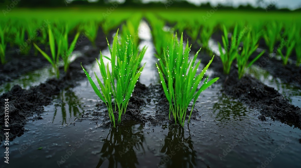 Vibrant rice plants growing in waterlogged fields, showcasing lush greenery and healthy crops in an agricultural setting. Vibrant rice plants growing in waterlogged fields, showcasing lush greenery and healthy crops in an agricultural setting.