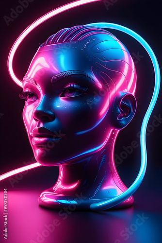 3D Holographic Neon AI Art of a Face Wearing Headphones, Front View
