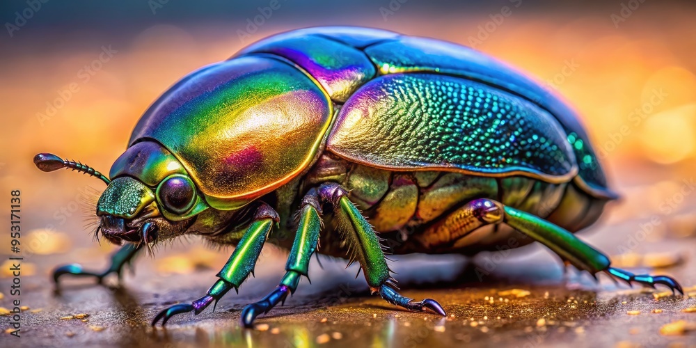 Naklejka premium Close-Up View Of A Metallic Scarab Beetle With Intricate Patterns And Iridescent Shell