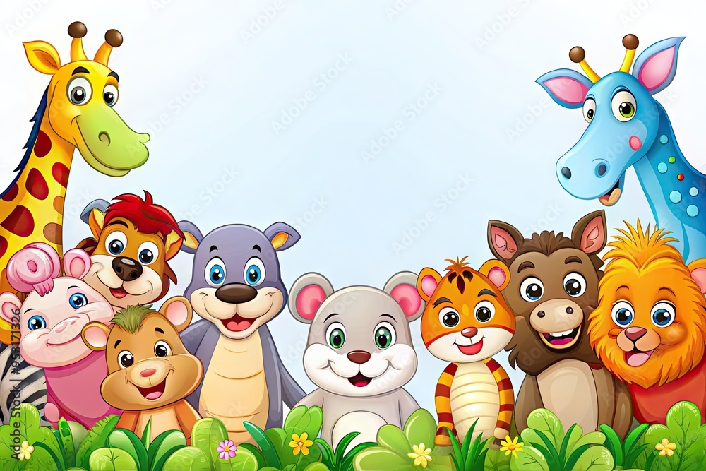 Naklejka premium Colorful Cartoon-Style Animal Characters With Empty White Space Background For Text Or Designs