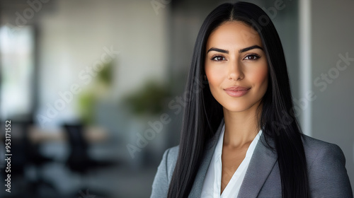 Professional portrait of an American businesswoman, office backdrop blurred