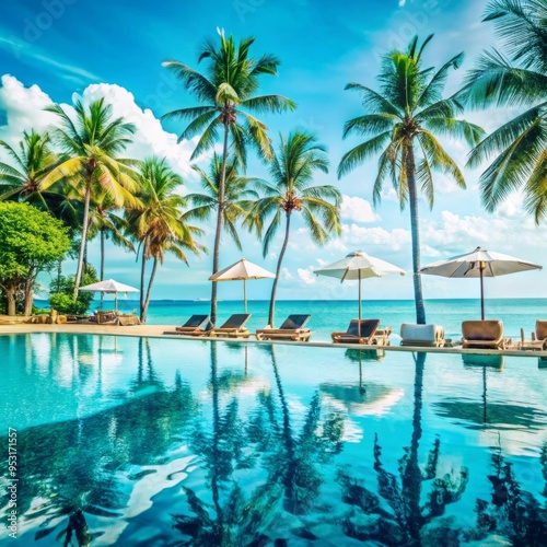 A luxurious tropical resort scene features an infinity pool overlooking a vast ocean.