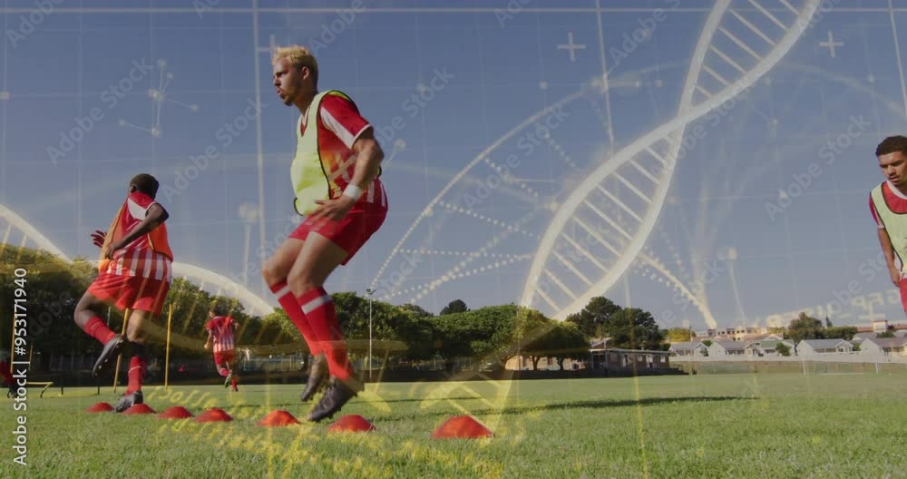 DNA strand and scientific data animation over soccer players training on field