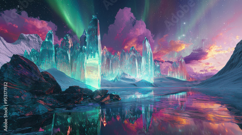 A surreal landscape with towering cliffs made of translucent crystal, casting colorful reflections across a tranquil sea, under a sky filled with swirling clouds and vibrant auroras, creating a scene 