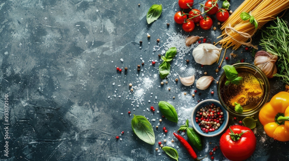 A selection of colorful vegetables and aromatic spices displayed on a table A selection of colorful vegetables and aromatic spices displayed on a table