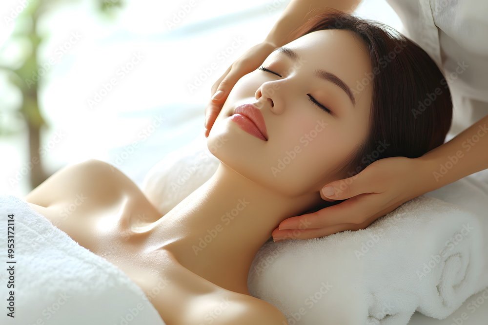A beautiful woman is lying on the massage table with her eyes closed, and an Asian professional masseuse's hands gently touch her face and neck to smooth her skin. The background is white A beautiful woman is lying on the massage table with her eyes closed, and an Asian professional masseuse's hands gently touch her face and neck to smooth her skin. The background is white