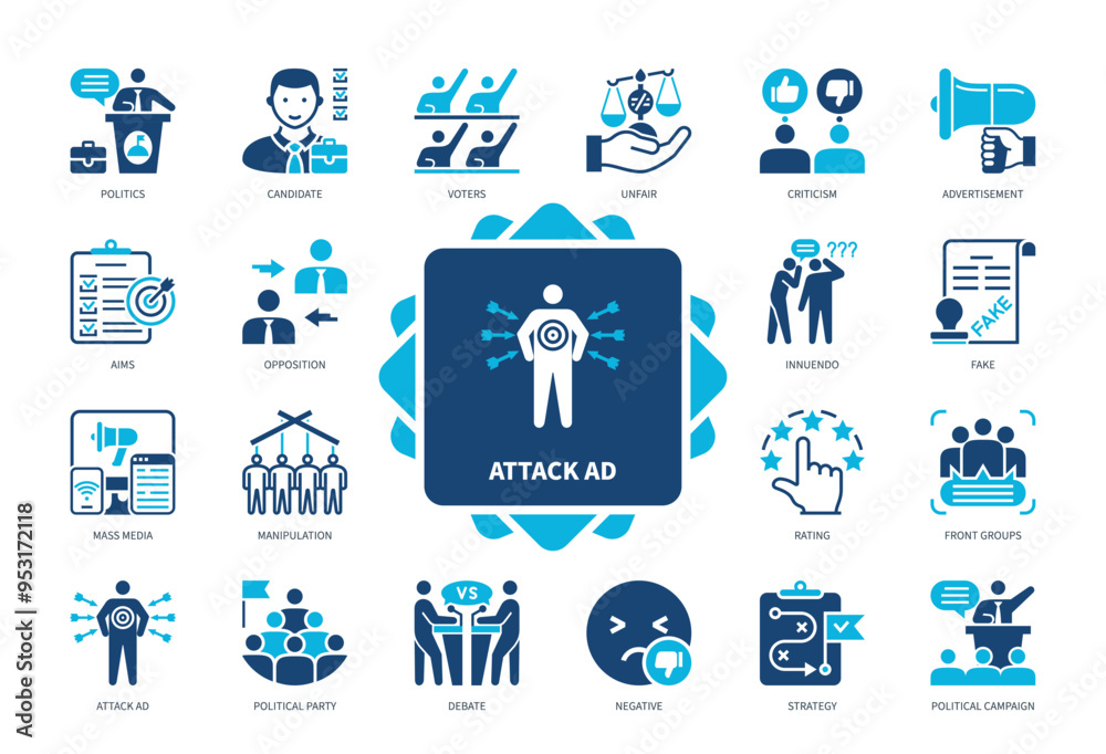 Fototapeta premium Attack ad icon set. Candidate, Innuendo, Rating, Negative, Mass Media, Debate, Voters, Front Groups. Duotone color solid icons