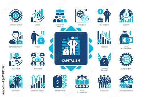 Capitalism icon set. Private Ownership, Investment, Economic Freedom, Wealth, Price System, Profit, Consumers, Wealth. Duotone color solid icons