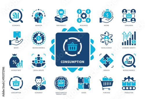 Consumption icon set. Consumers, Income, Wants, Interest Rate, Social Science, Economics, Purchase, New Product. Duotone color solid icons