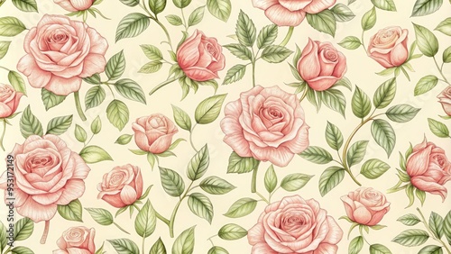 Wallpaper Mural Delicate, hand-drawn rose illustration repeats in a seamless pattern on a soft, creamy background, perfect for adding elegance to scrapbook pages and craft projects. Torontodigital.ca
