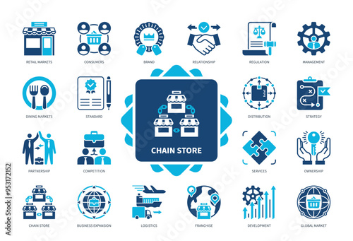 Chain Store icon set. Consumers, Brand, Regulation, Dining Markets, Competition, Franchise, Strategy, Distribution. Duotone color solid icons
