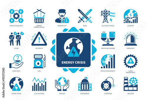 Energy Crisis icon set. Market Manipulation, Wars, Fluctuations, Shortages, Industry, Government, Fuel, Accidents. Duotone color solid icons