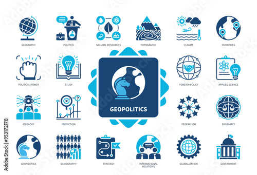 Geopolitics icon set. Topography, Climate, Diplomacy, Foreign Policy, Applied Science, Study, Federation, Demography. Duotone color solid icons