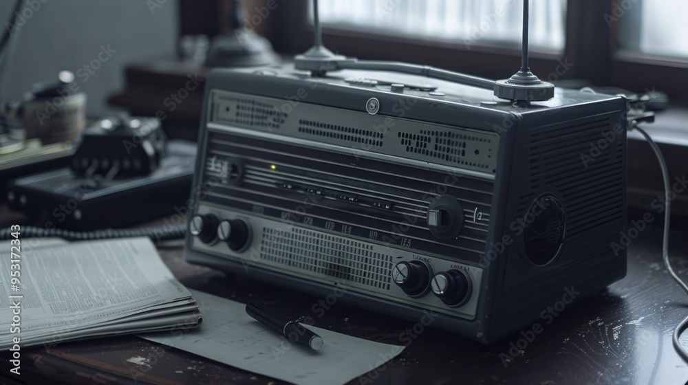 Fototapeta premium A radio sitting on a wooden table