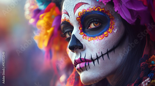 Close up of beautiful woman with catrina makeup and flowers on her head, traditional for the Day of the Dead celebration.