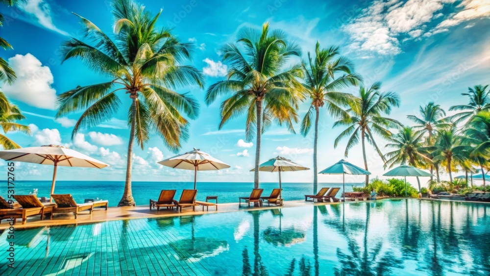 A luxurious tropical resort scene features an infinity pool overlooking a vast ocean. A luxurious tropical resort scene features an infinity pool overlooking a vast ocean.