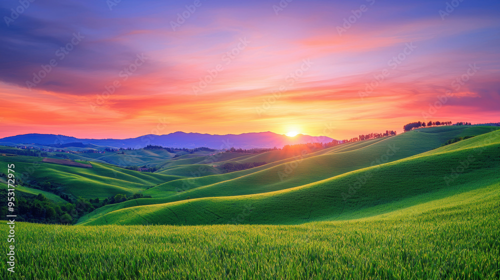 Obraz premium A vast, serene landscape featuring rolling hills covered in vibrant wildflowers, with a distant mountain range under a clear blue sky and soft sunlight --ar 16:9 --q 2