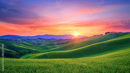 A vast, serene landscape featuring rolling hills covered in vibrant wildflowers, with a distant mountain range under a clear blue sky and soft sunlight --ar 16:9 --q 2