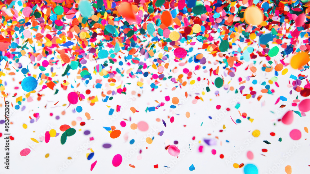 A vibrant confetti shower captured mid-fall against a plain white background, with multicolored confetti pieces creating a dynamic and cheerful visual effect, perfect for party and celebration themes A vibrant confetti shower captured mid-fall against a plain white background, with multicolored confetti pieces creating a dynamic and cheerful visual effect, perfect for party and celebration themes
